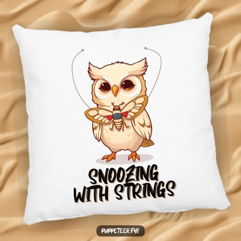 Funny pillow featuring a whimsical owl character making a moth puppet fly with delicate strings, ideal for dreamy comfort.