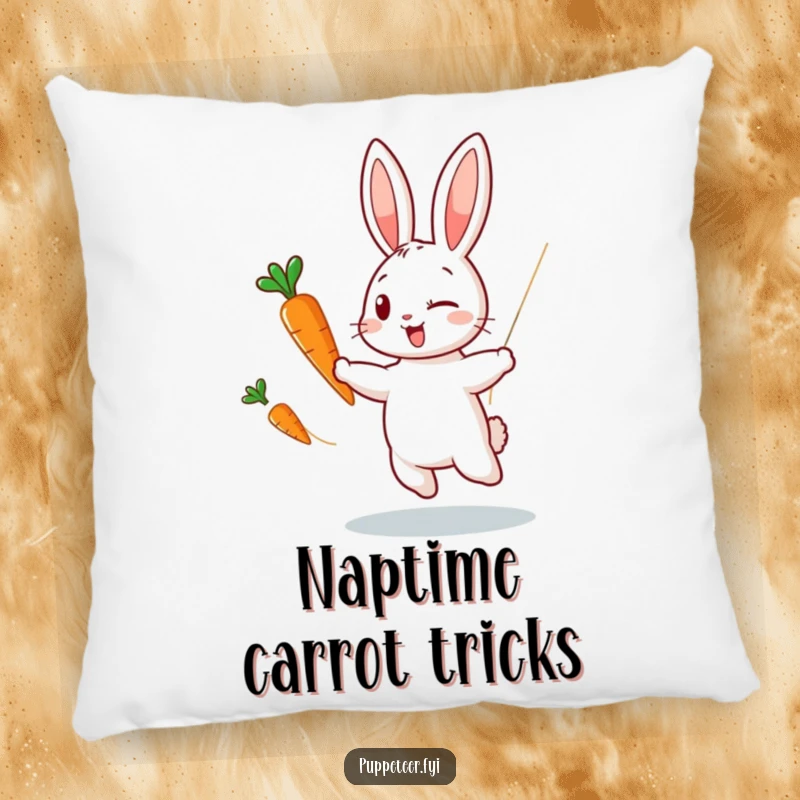 Funny pillow with a winking rabbit puppet master making a carrot puppet dance, providing comfort and a touch of whimsical delight.