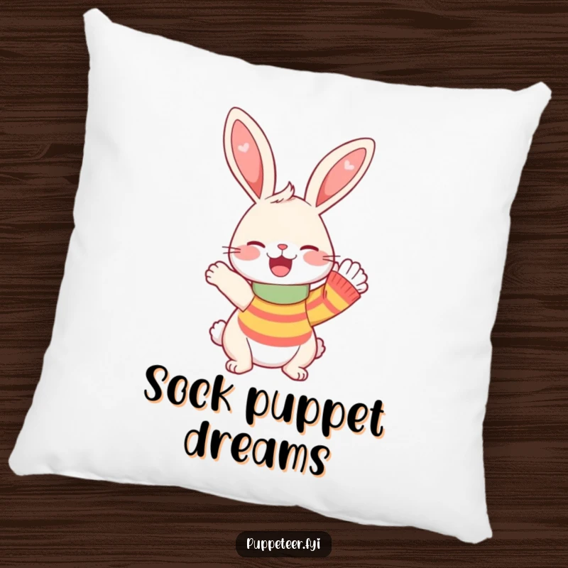 Funny Pillow designed with a giggling rabbit and a waving sock puppet, offering comfort and a dose of infectious humor.