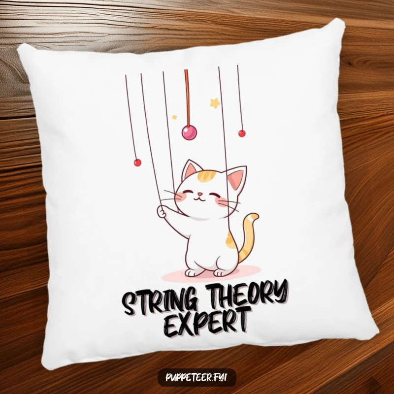 Funny Kawaii cat batting playfully at puppet strings in the air pillow, showcasing a soft and cuddly design with a mischievous feline controlling unseen forces.