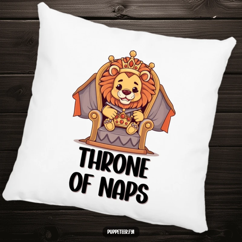 Funny pillow with a proud lion puppet master on a throne directing a tiny crown puppet, providing regal comfort and decor.