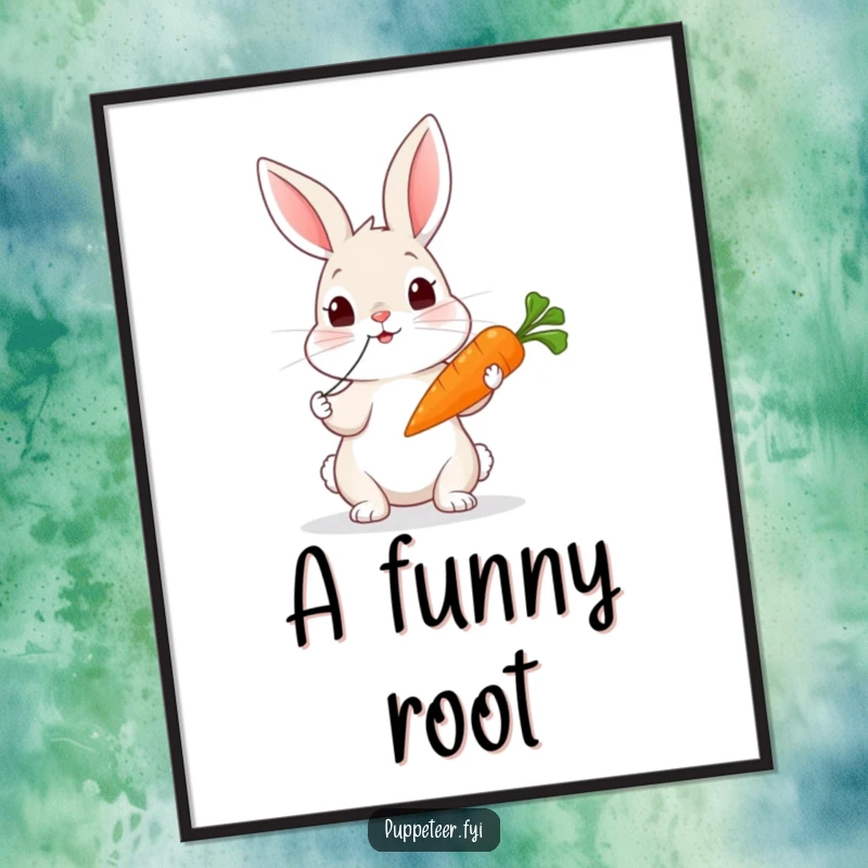 Funny digital art print: a curious rabbit tugs strings, making a carrot puppet wiggle with charming animation.