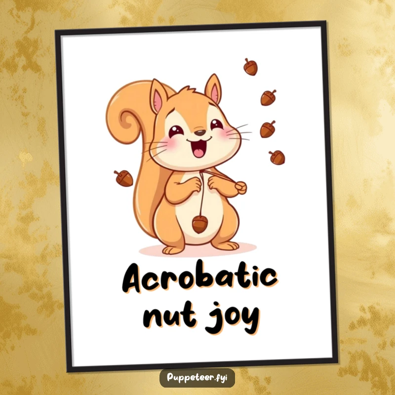 Funny Squirrel Digital Art Print of a cheerful squirrel making acorns fly, offering playful charm and whimsical energy for instant decor.