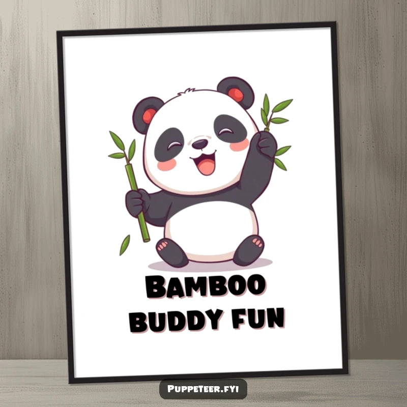 Funny Panda Digital Art Print of a playful panda with a bamboo stalk puppet, offering adorable charm and lighthearted fun for instant decor.