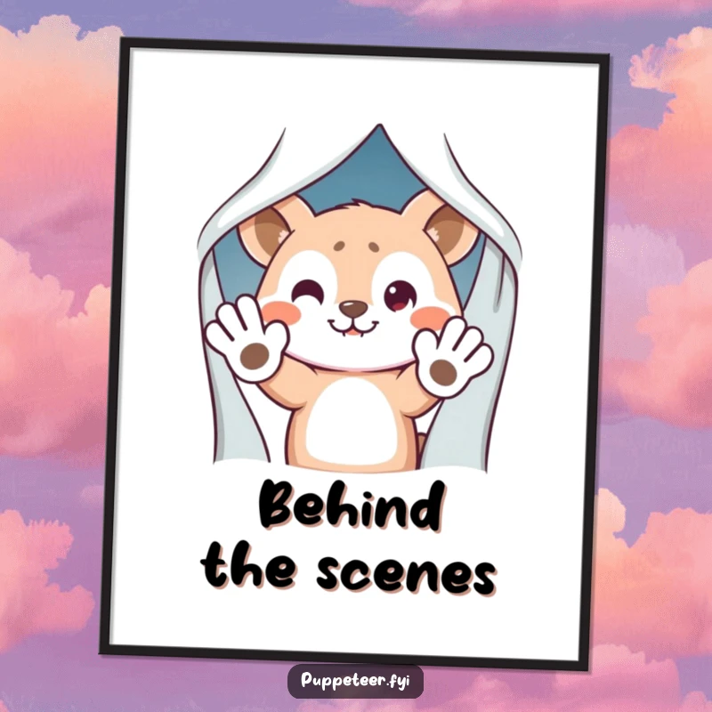 Funny Digital Art Print: Mischievous animal character hiding behind a curtain, waving puppet hands, a humorous and playful wall decor.