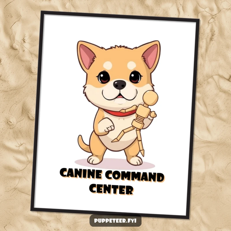 Funny digital art print of a determined dog concentrating, operating a wooden marionette in mid-jump, perfect for skillful decor.