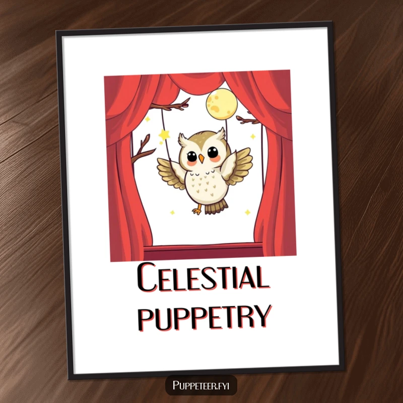 Funny digital art print of a happy owl puppet master skillfully flying a moon puppet, adding a magical touch to any space.