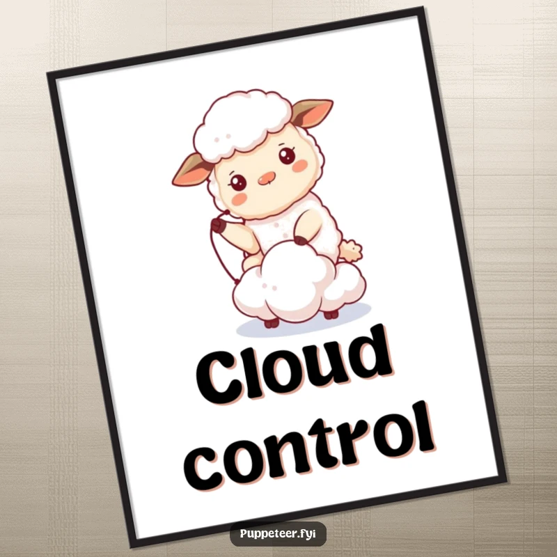 Funny sheep digital art print featuring a beaming sheep controlling a tiny cloud puppet that drifts, creating humorous and captivating visuals.