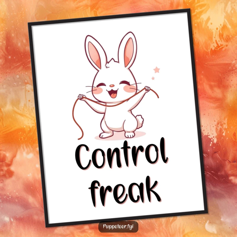Funny Rabbit Puppet Master Digital Art Print of a cute, delighted rabbit character expertly managing strings, perfect for humorous decor.