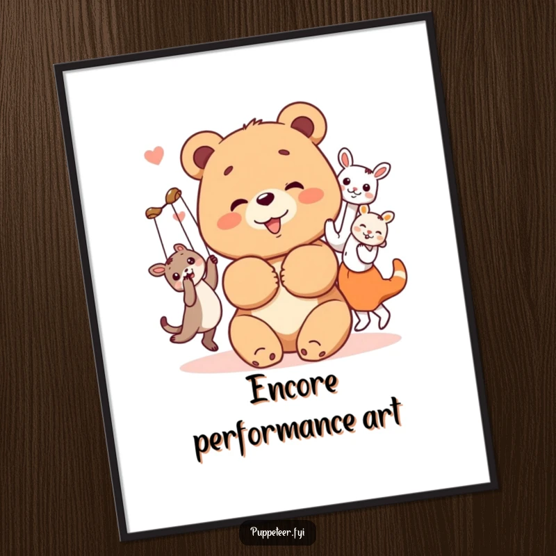 Funny bear cub digital art print of a cheerful bear cub bowing with its happy, dancing animal puppets, cheerful and humorous decor.