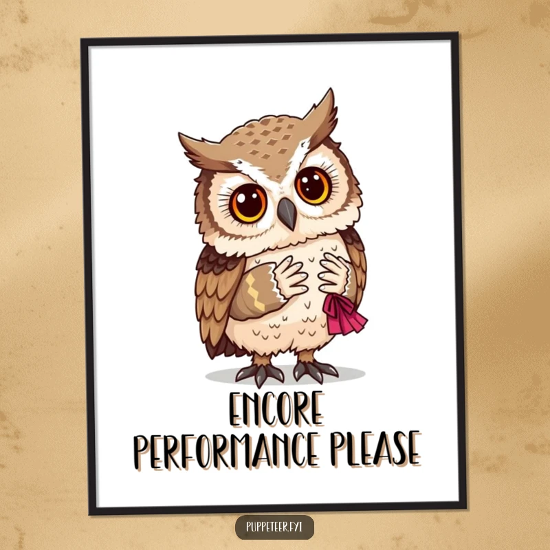 Funny wise owl looks on as a tiny, handcrafted puppet takes a bow, a delightful piece of humorous art.