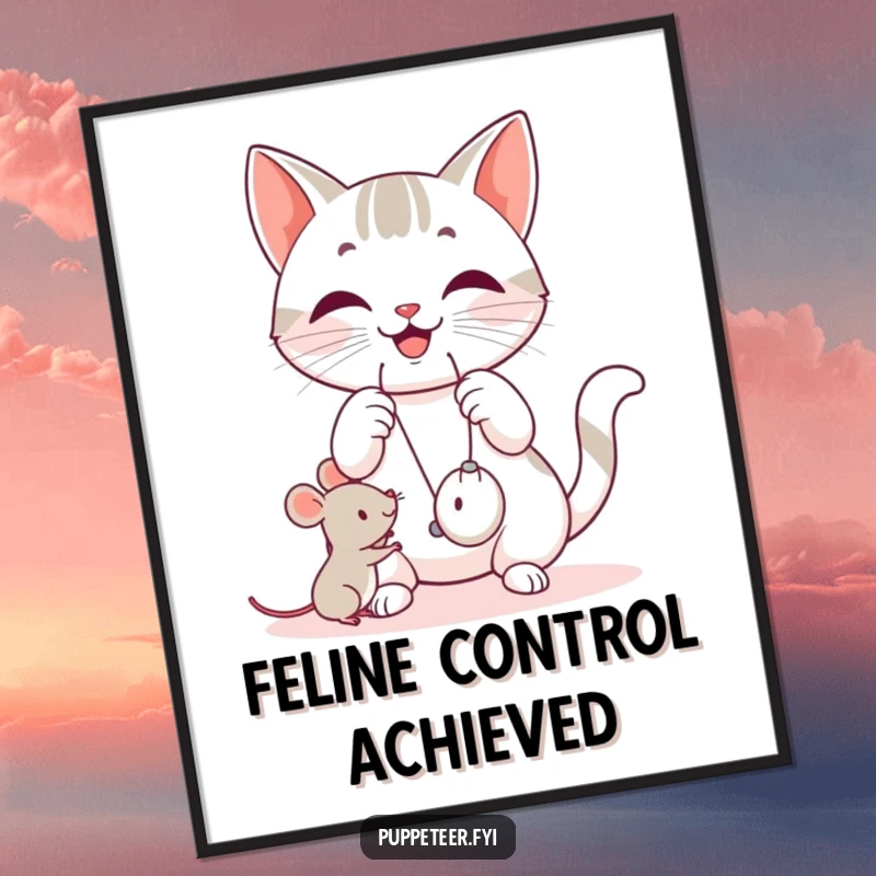 Funny cat digital art print of a happy cat manipulating strings, making a small mouse toy jump, ready for instant download.