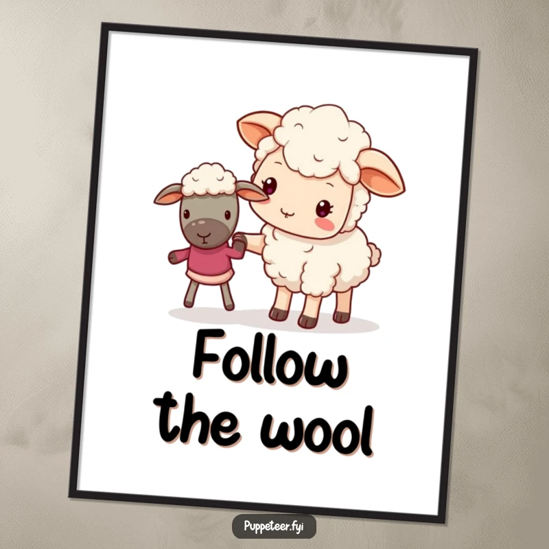 Funny digital art print of a kawaii sheep gently guiding a puppet, perfect for heartwarming and cute wall decor.