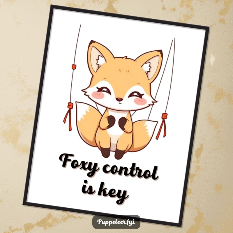 Funny kawaii fox with twinkling eyes gracefully holding puppet strings on a digital art print, perfect for a funny gift.