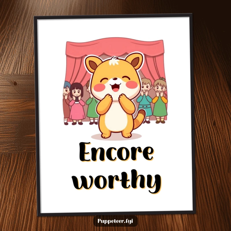 Funny Digital Art Print: Joyful animal character bowing to an applauding puppet audience, a humorous and celebratory wall decor.