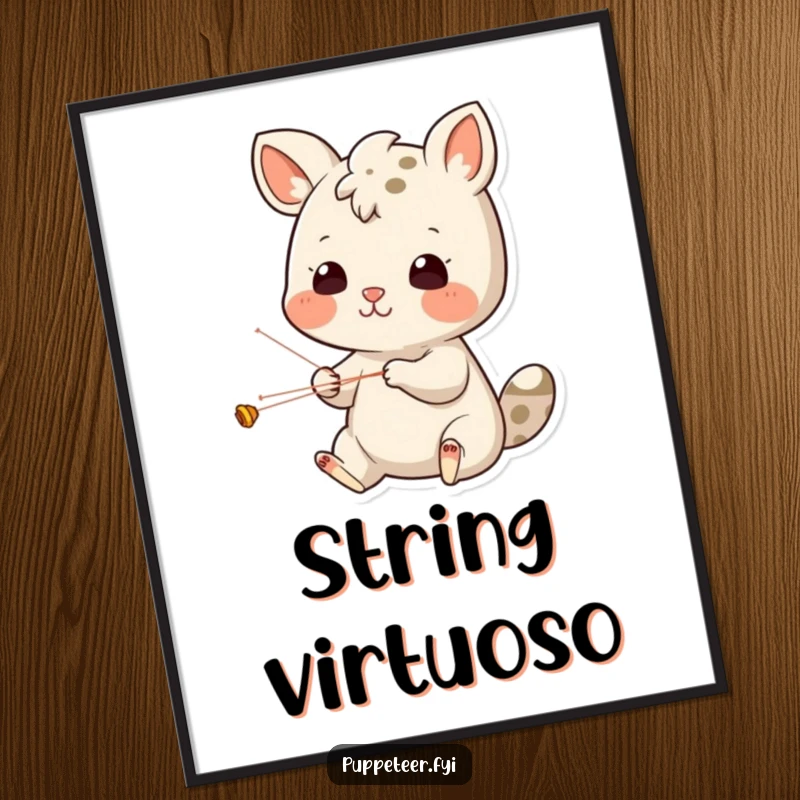Funny Digital Art Print: Cheerful animal character intensely concentrating on intricate puppet strings, a humorous and artistic wall decor.