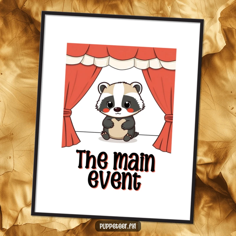 Funny digital art print of a determined badger operating a puppet show stage, adding theatrical humor.