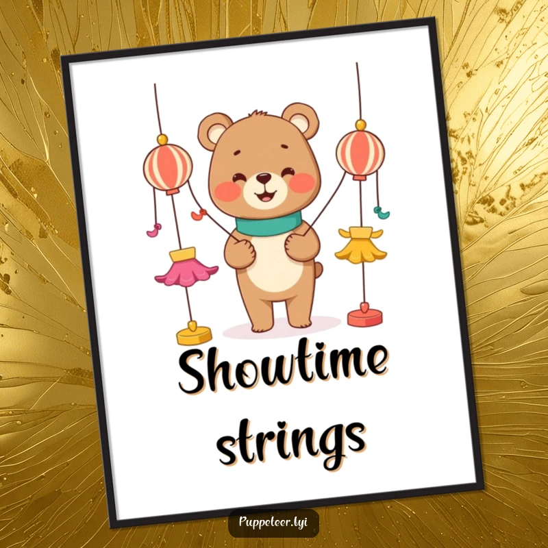 Funny digital art print of a smiling bear manipulating strings to make puppets dance, ready to be printed and framed.