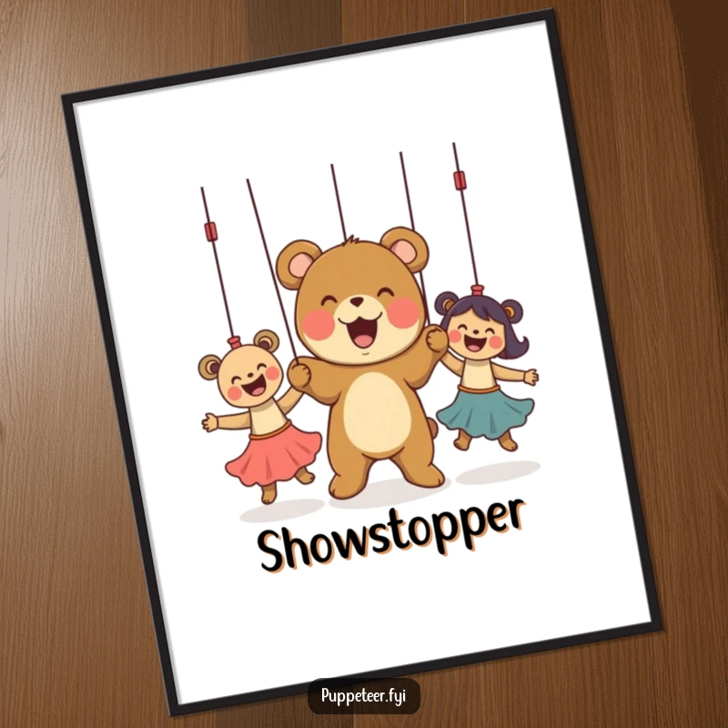 Funny Digital Art Print of a delighted bear cub controlling dancing puppets, perfect for adding whimsical humor to any space.