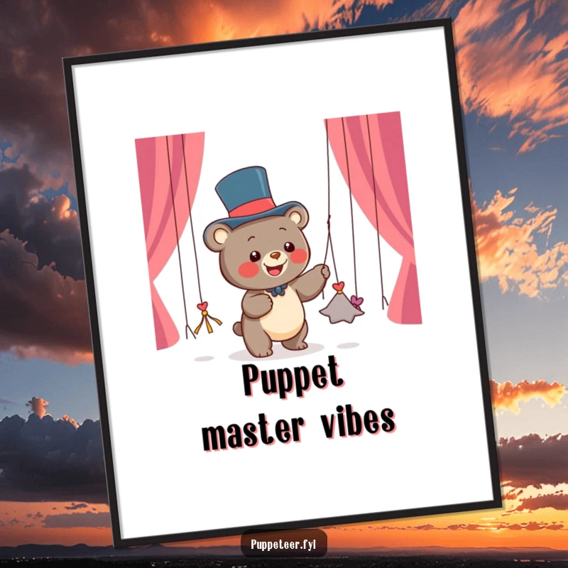 Funny digital art print of a happy bear cub in a top hat pulling dancing string puppets from its paws, bringing instant whimsy.