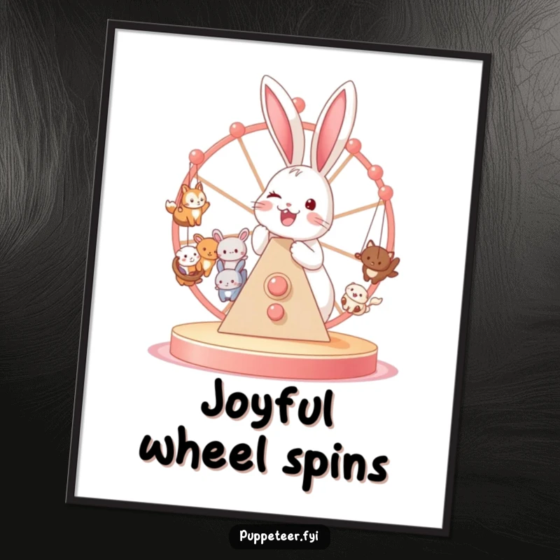 Funny digital art print of a joyful bunny controlling a Ferris wheel full of miniature animal puppets, a whimsical piece.
