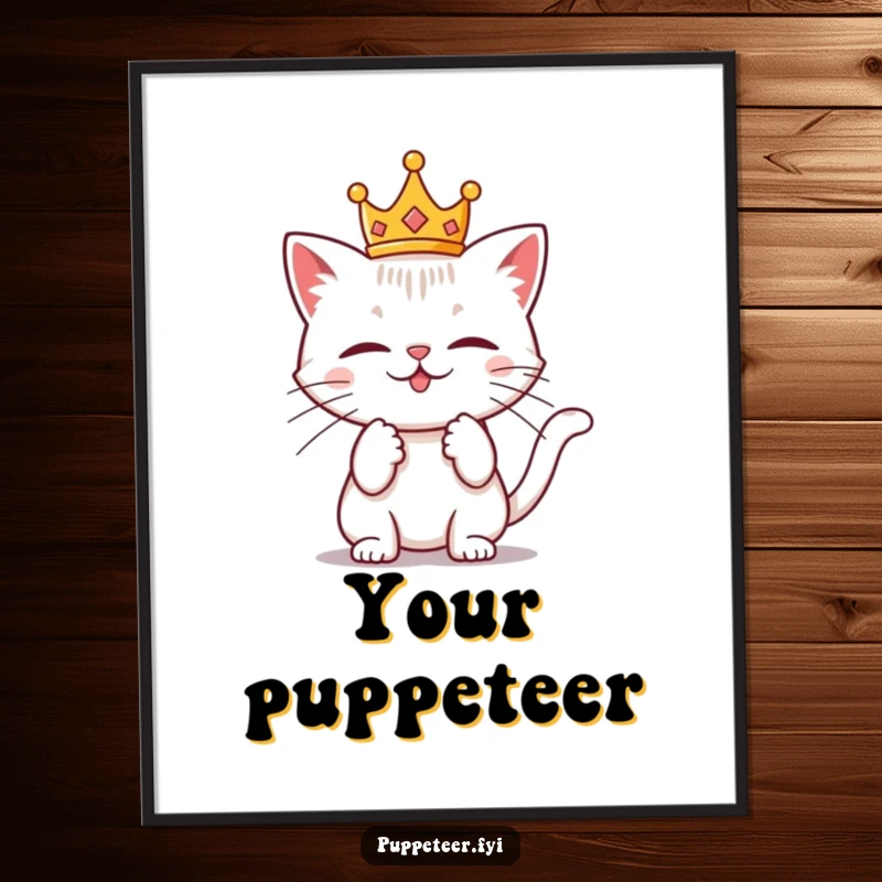 Funny digital art print of a mischievous cat wearing a small crown, tugging on invisible strings, embodying playful rule and charm.
