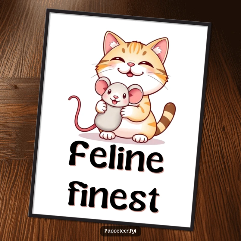 Funny digital art of a giggling cat proudly showing off a mouse puppet, creating a humorous and playful scene.