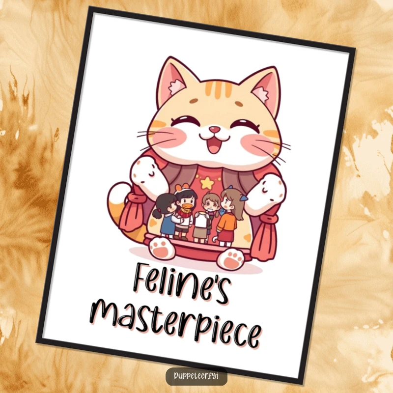 Funny digital art print of a giggling cat character proudly displaying a puppet show stage with figures, ready to print.