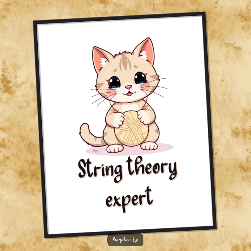 Funny Cat Digital Art: A mischievous cat puppeteer controls a yarn ball puppet with strings, ideal for instant humorous wall decor.