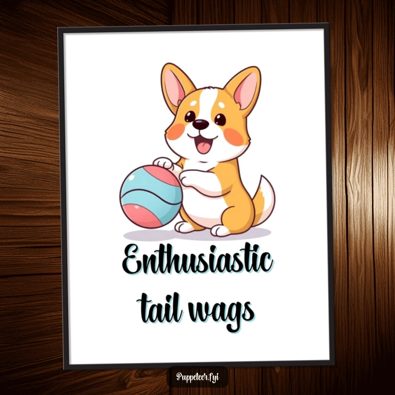 Funny printable art of an enthusiastic corgi playing with a bouncing ball puppet, adding instant playful humor to digital spaces.