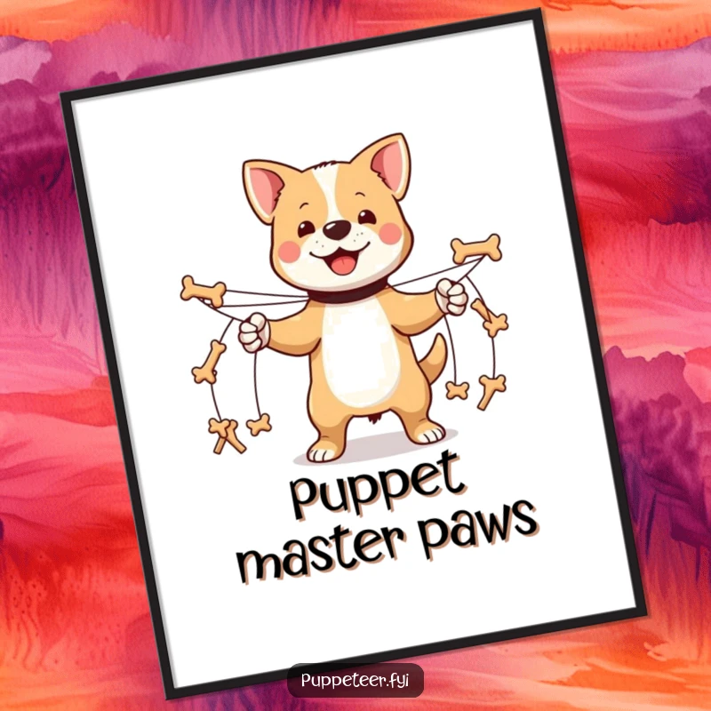Funny proud dog digital art print of multiple strings making tiny bone-shaped puppets march, for instant commanding charm.