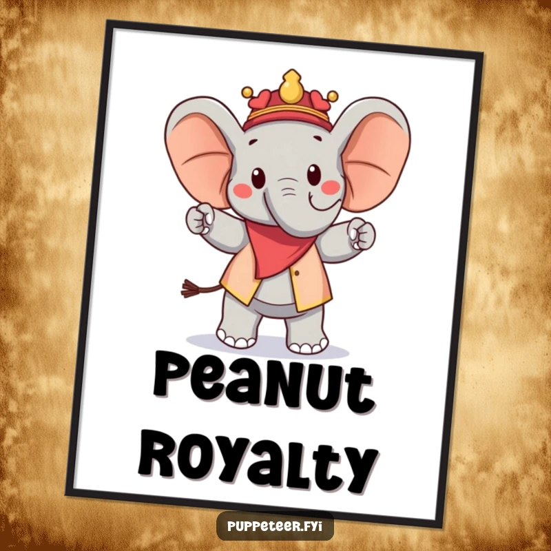 Funny digital art print of a cheerful elephant puppet master commanding a peanut puppet to march proudly, capturing whimsical fun.
