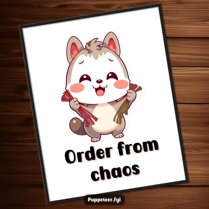 Funny digital art print of a cheerful animal character holding multiple strings with focus, conveying organized execution and happy productivity.
