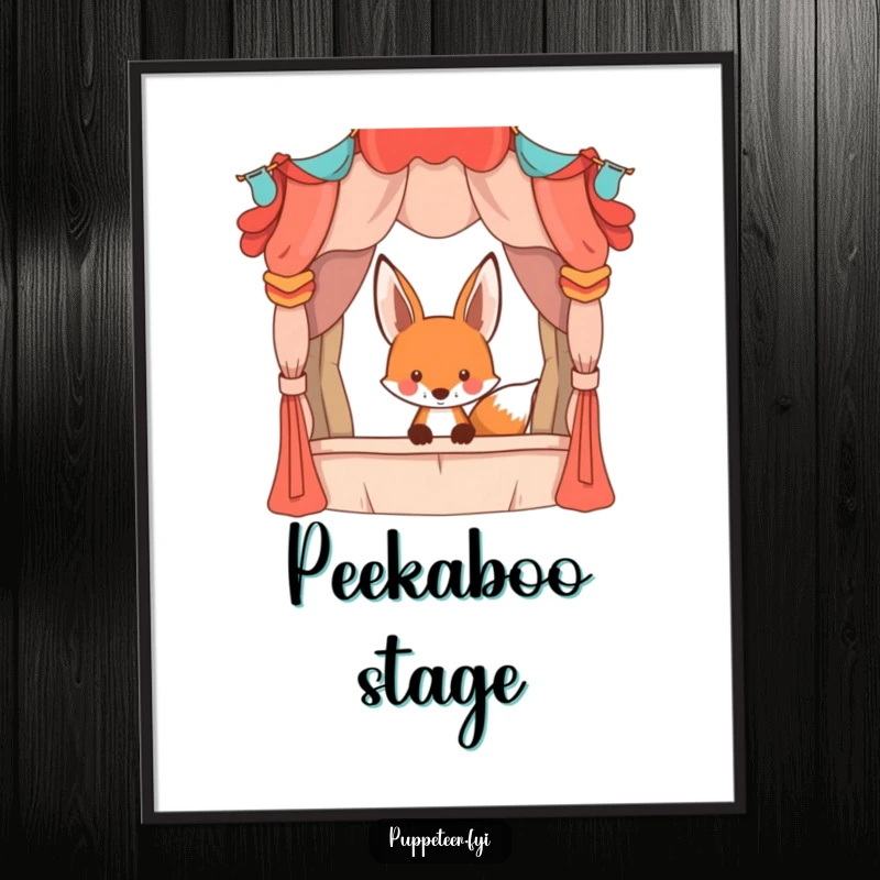 Funny playful fox peeking from behind a large, whimsical puppet stage, printable digital art, bringing theatrical charm to walls.