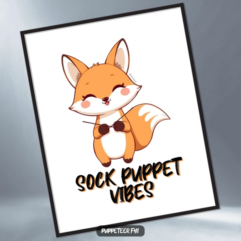 Funny digital art print of a happy fox character making a sock puppet wave, ready to be printed and framed.