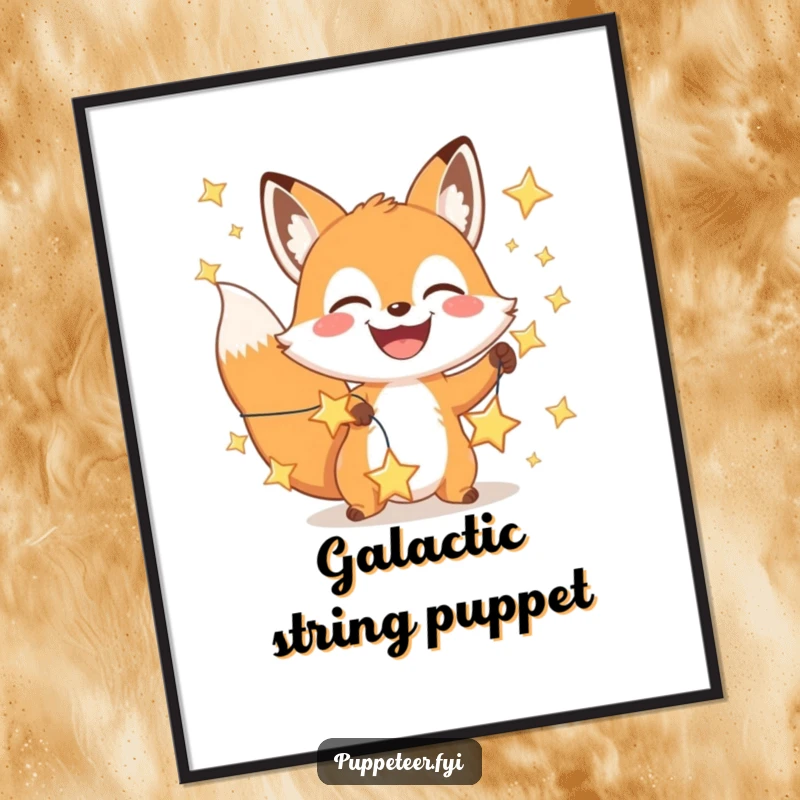 Funny happy fox digital art print of a wide-grinning fox manipulating a string of shining stars, for instant magic.