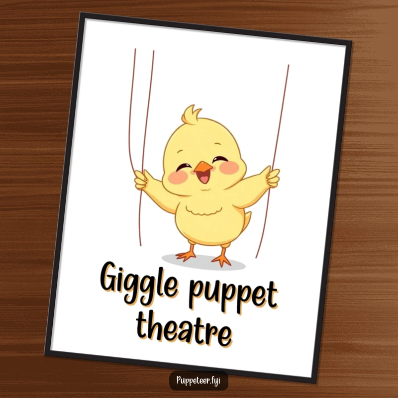 Funny digital art print of a giggling chick enthusiastically wiggling puppet strings for a small audience, perfect for joyful decor.
