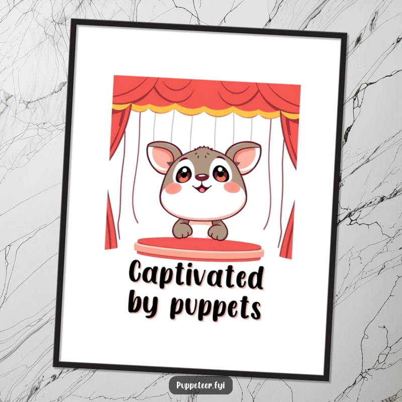 Funny Digital Art: A happy animal with wide, amazed eyes gazes at a lively puppet show, capturing pure fascination and delight.