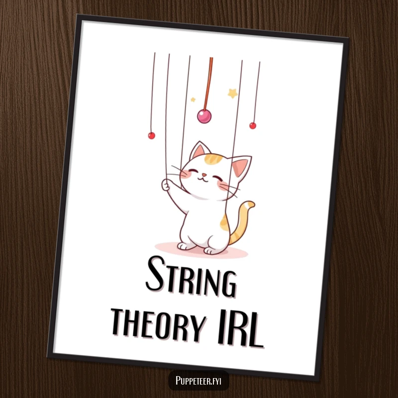 Funny Kawaii cat batting playfully at puppet strings in the air digital art print, a charming and humorous depiction of a feline puppeteer ready to adorn any wall.