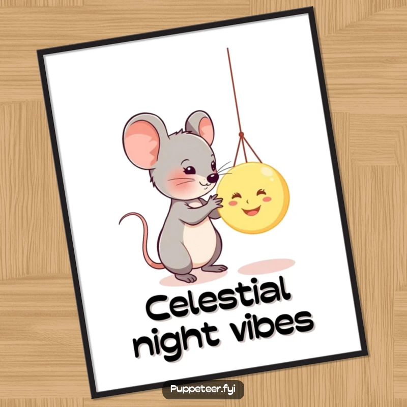 Funny printable art of a mouse controlling a smiling moon puppet, adding instant whimsical humor to digital downloads.