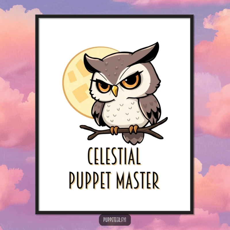 Funny Owl Digital Art Print of a sly owl controlling the moon, offering mystical charm and a touch of humor for instant decor.