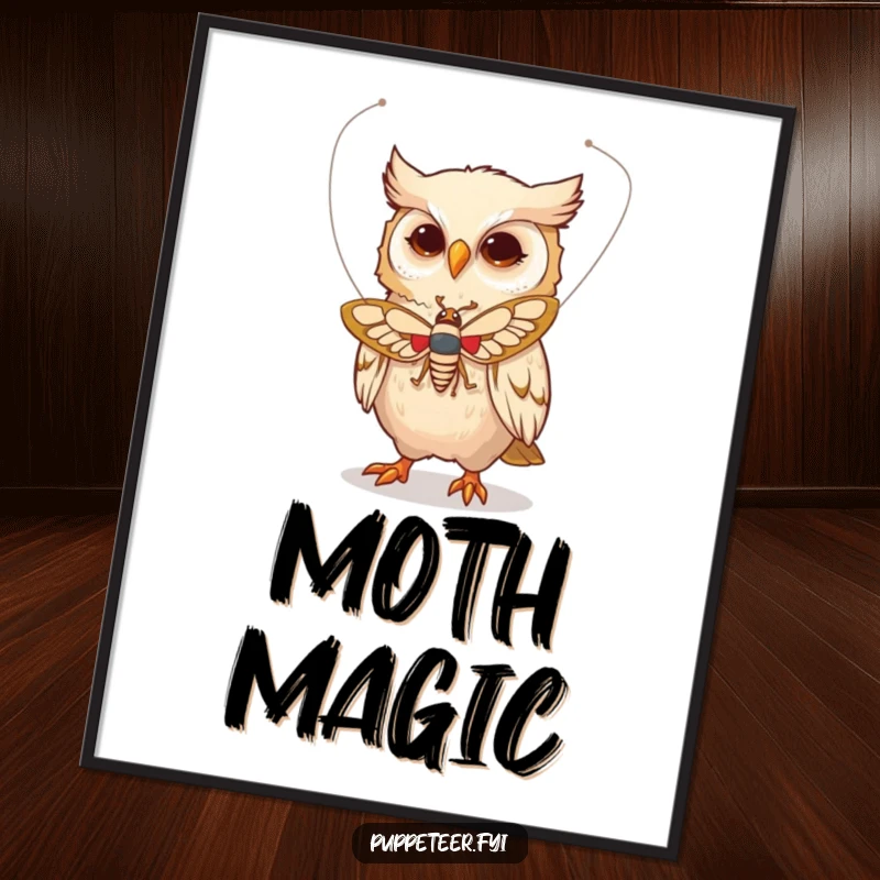 Funny digital art print of a whimsical owl character using delicate strings to animate a moth puppet in graceful flight, a magical scene.