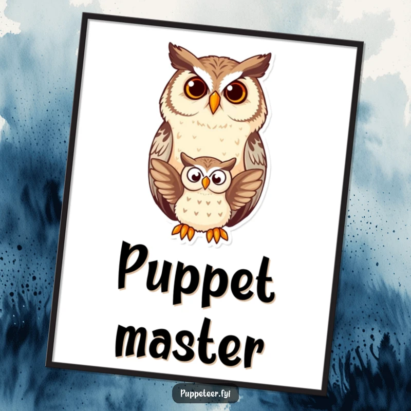 Funny owl digital art print featuring a serene owl watching a small owl puppet flap, creating a humorous and captivating visual.