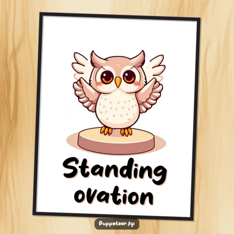 Funny digital art print of a cheerful owl in a spotlight, with wings gesturing grandly, capturing expressive and humorous energy.