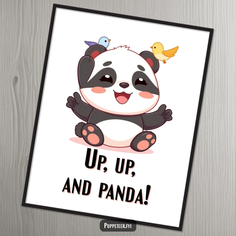Funny printable art of a joyful panda making a tiny bird puppet fly, adding instant whimsical humor to digital spaces.