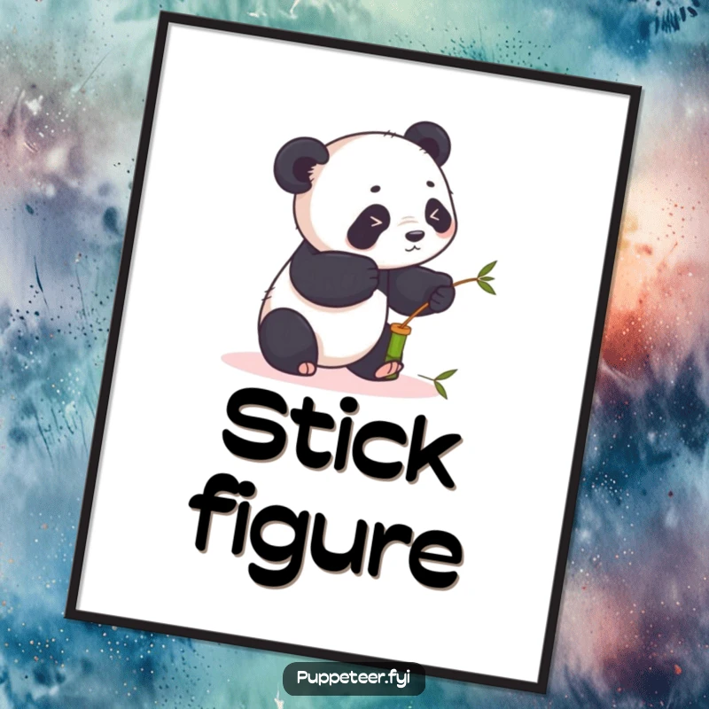 Funny panda digital art print featuring a playful panda using sticks to animate a bamboo puppet, creating humorous and captivating visuals.