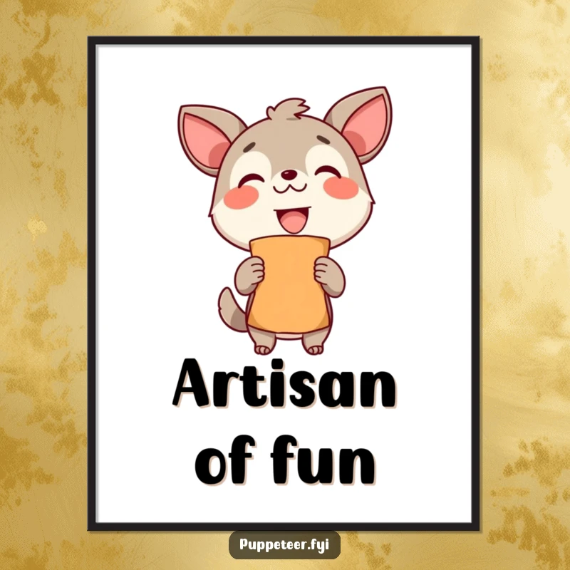 Funny Digital Art: A delighted animal beams with pride, holding up a completed puppet with a triumphant grin, showcasing handmade joy.