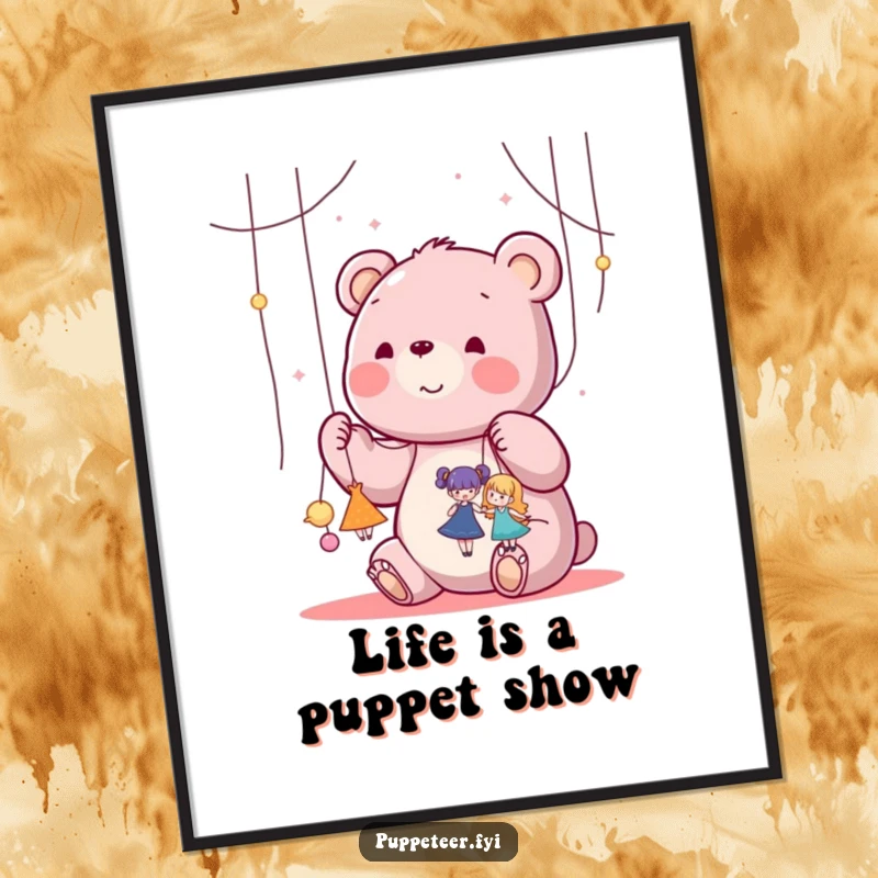 Funny kawaii bear happily manipulating strings attached to tiny dancing puppets on a digital art print, perfect for a funny gift.