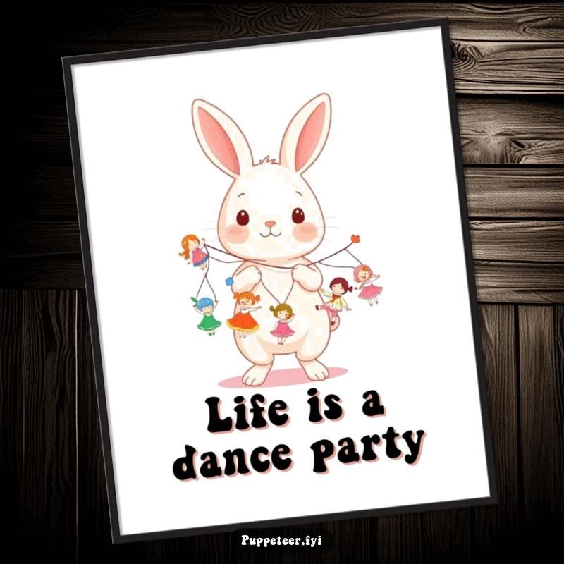 Funny kawaii rabbit holding multiple strings, making small dolls dance on a digital art print, perfect for a funny gift.