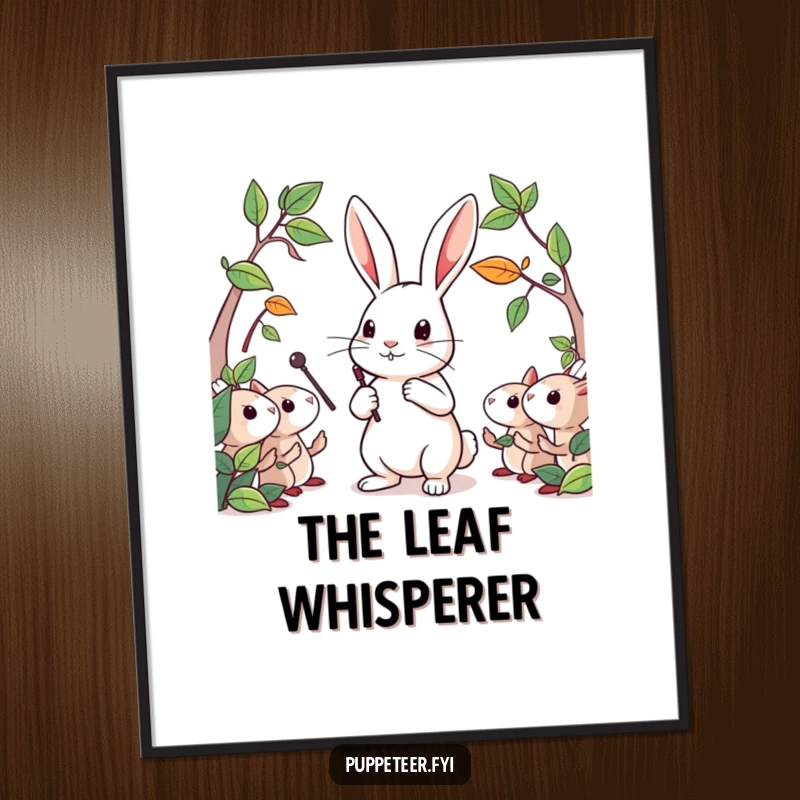 Funny digital art print of a determined rabbit conducting whimsical leaf puppets with a tiny baton, full of natural charm.
